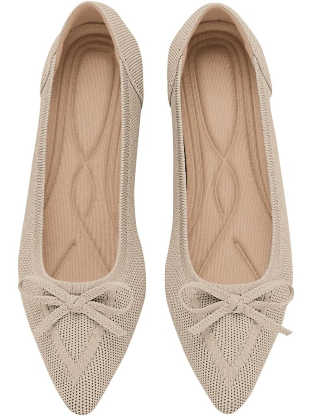 Women's Beige Flats Pointed Toe Bow Knit Ballet Comfortable Slip On Shoes